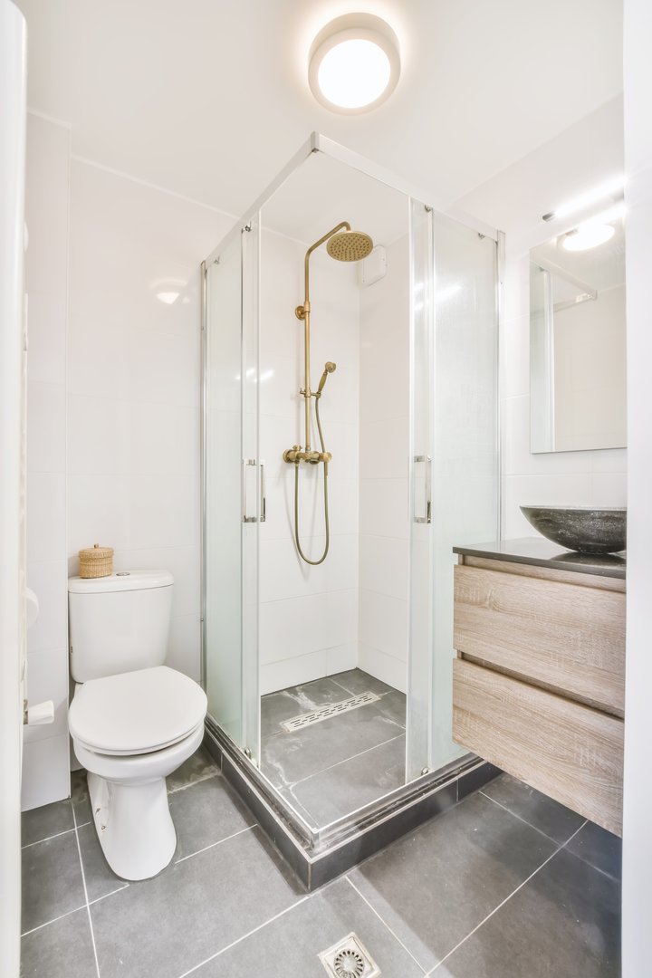 Sleek bathroom with walk-in shower