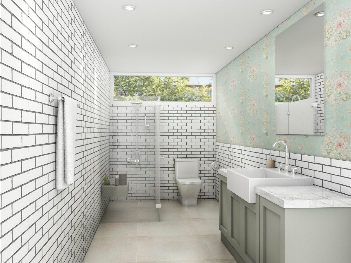 3d rendering white brick style with wallpaper bathroom and restroom