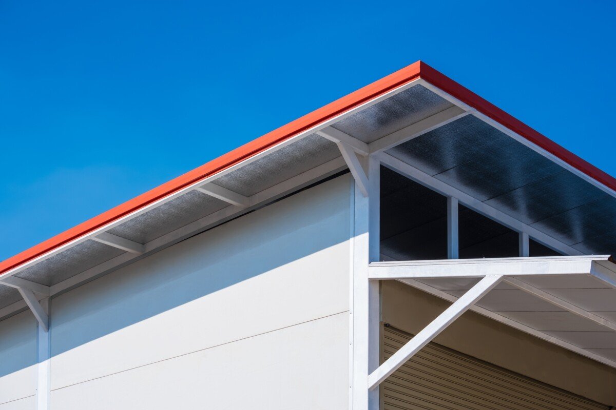 Storage room is made from white fiber cement board wall with steel shed roof and heat insulation