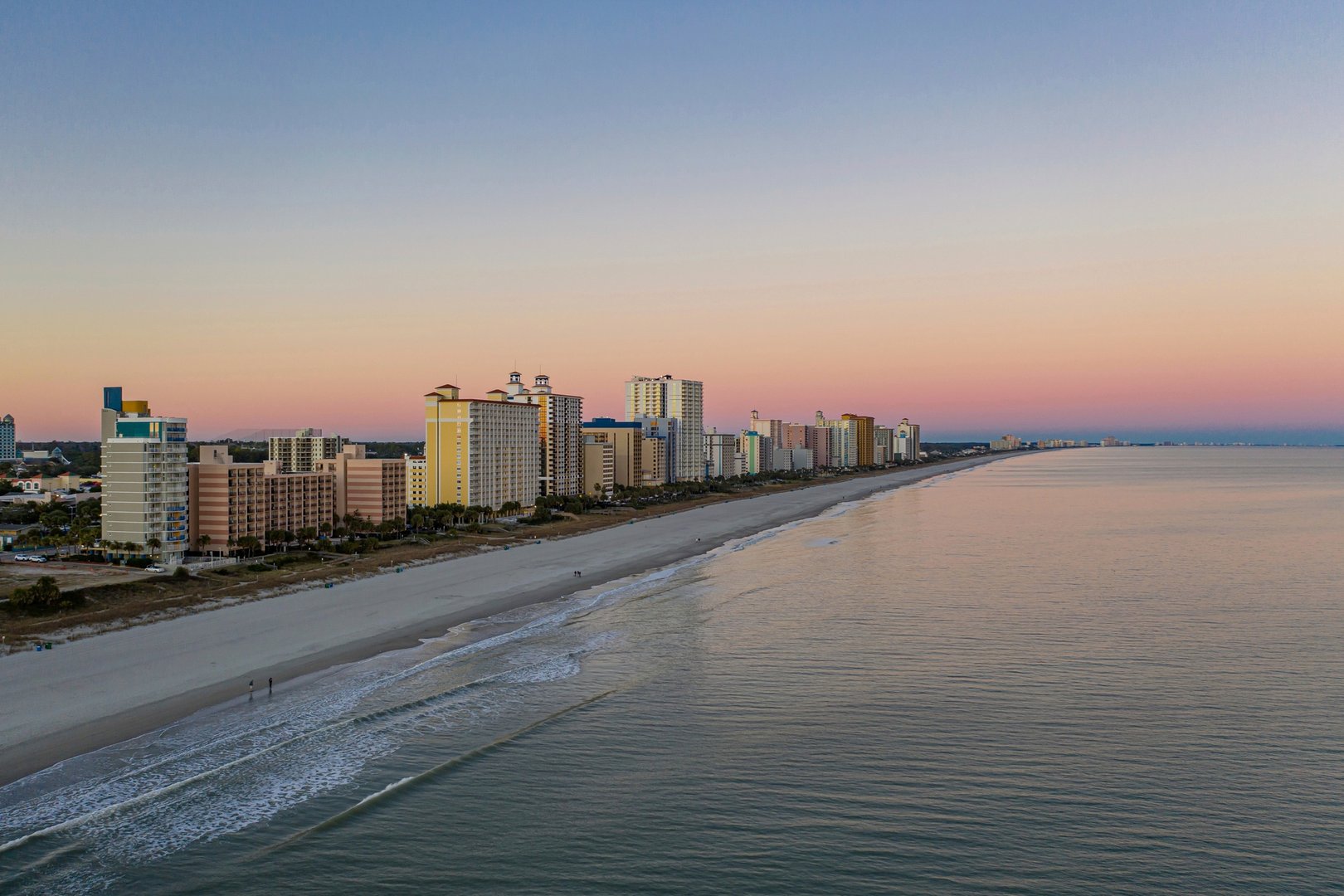 Aerial view of Myrtle Beach, with high buildings on the shoreline