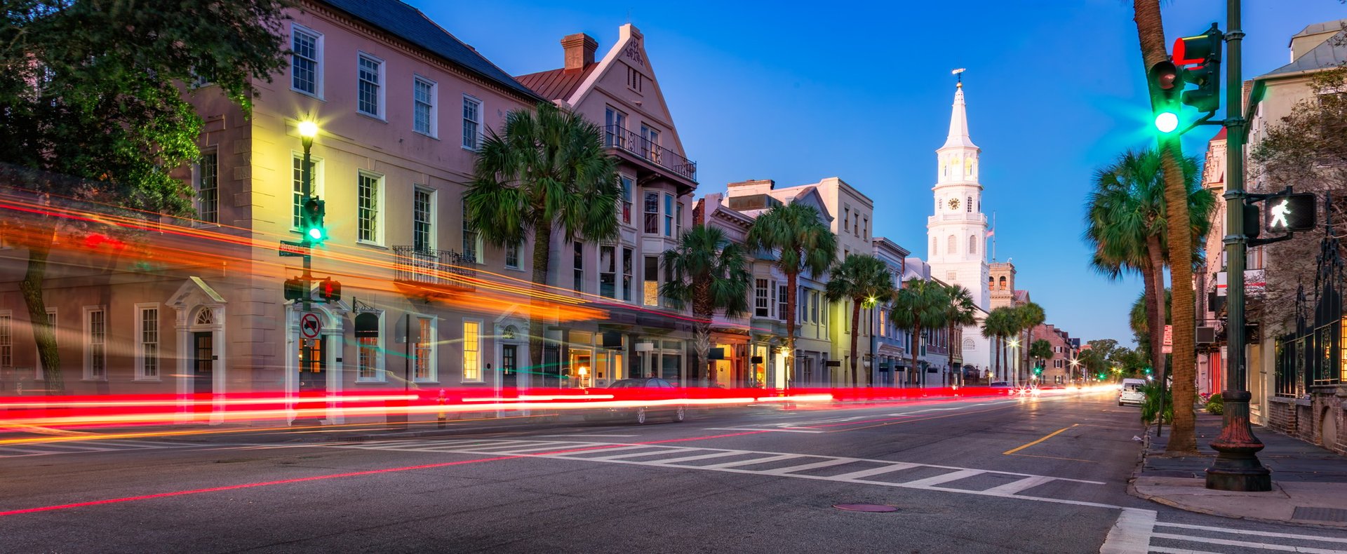 Uban streets in Downtown Charleston, South Carolina, United States. Vibrant sunrise twilight