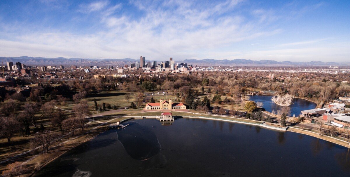 Aerial View over Lake Ferril in City Park of Denver Colorado