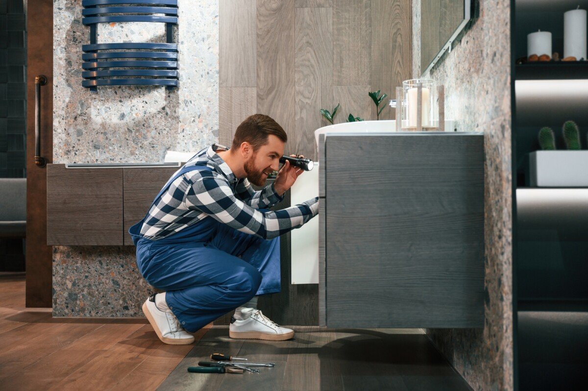 Plumber in blue uniform is at work in the bathroom