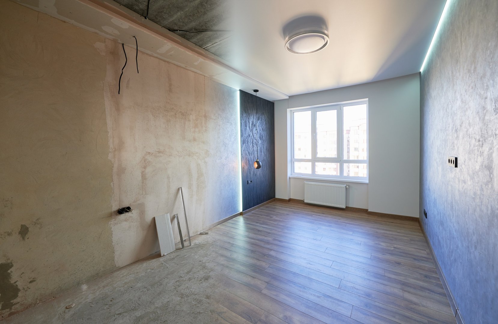 Photo collage of apartment before and after restoration.