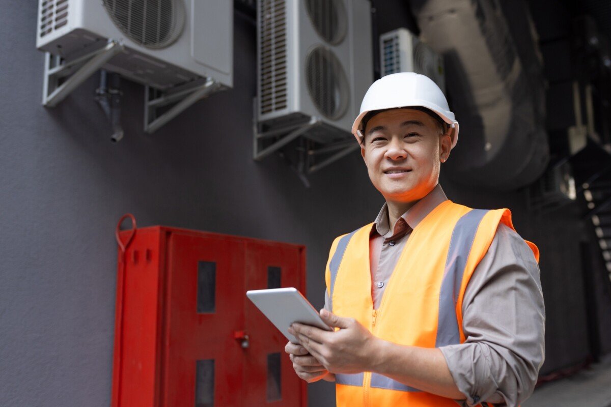 Smiling engineer with tablet standing by industrial units