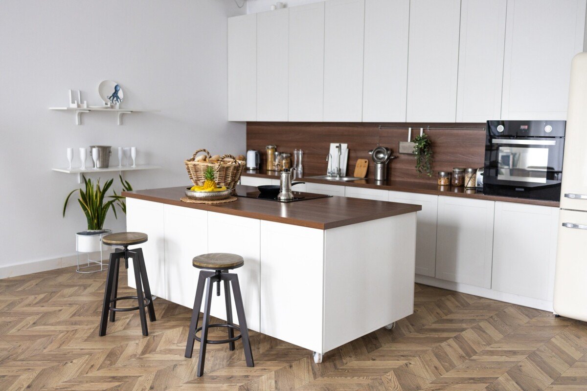 A wide angle view of contemporary modern kitchen idea design. Beautiful Kitchen In Luxury Home With