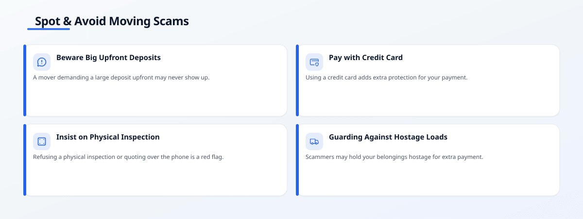 Infographic titled 'Spot & Avoid Moving Scams' with four insight cards: Beware Big Upfront Deposits, Pay with Credit Card,…