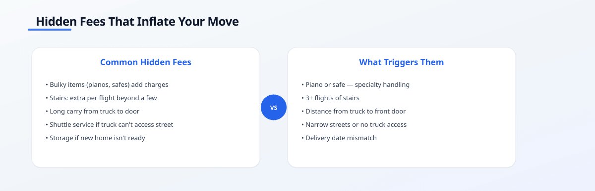 Comparison table showing common hidden moving fees and what triggers them, such as bulky items, stair fees, and long carries.