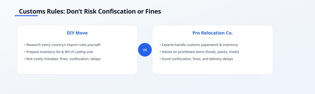 Comparison infographic: DIY Move vs. Pro Relocation Co. for customs compliance. DIY risks confiscation, fines, delayed…
