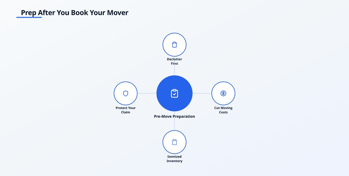 Concept map infographic titled 'Prep After You Book Your Mover' with central node 'Pre-Move Preparation' and branches…