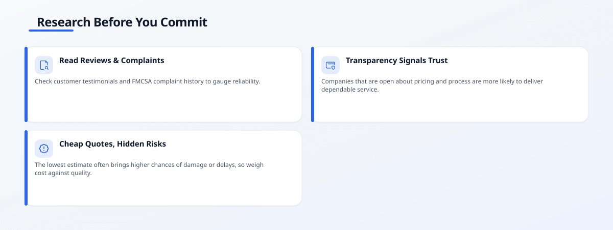 Infographic titled Research Before You Commit with three insight cards: Read Reviews & Complaints, Transparency Signals…