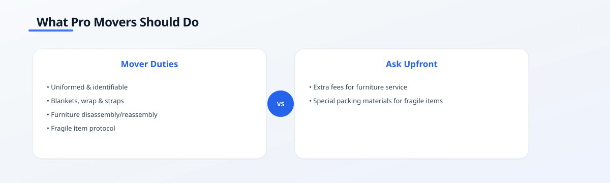 Infographic comparing professional mover duties with questions to ask upfront, including using moving blankets, wrapping…