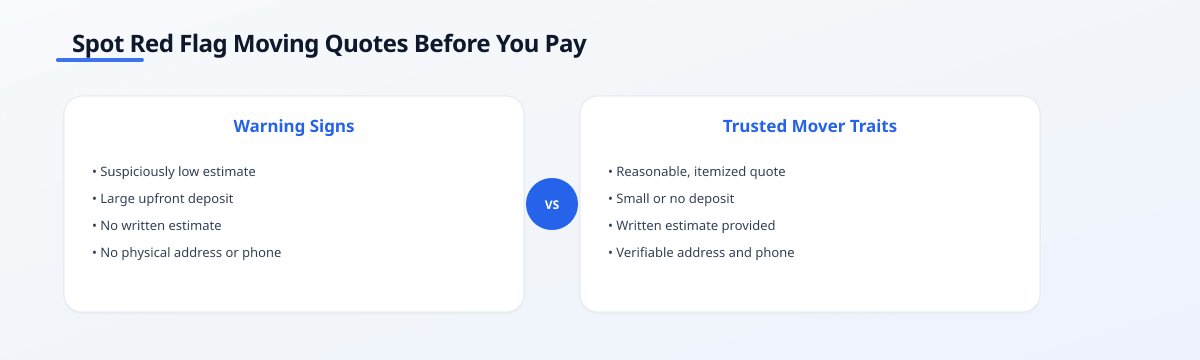 Infographic comparing warning signs of moving quotes, like low estimates and large upfront deposits, against trusted mover…