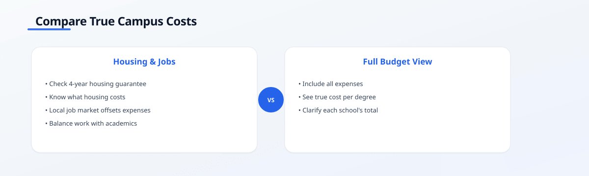 Infographic comparing Housing & Jobs vs Full Budget View for campus costs, showing that guaranteed housing and part-time…