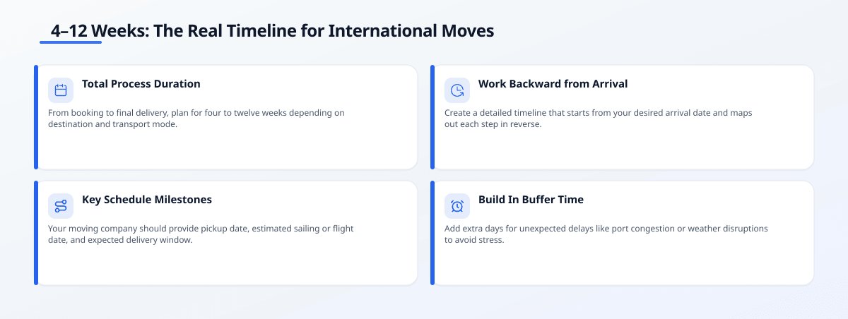 Infographic titled '4–12 Weeks: The Real Timeline for International Moves' shows total process duration, working backward…