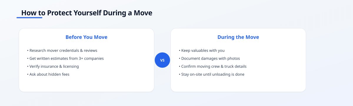 Comparison infographic titled 'How to Protect Yourself During a Move' with side-by-side columns: Before You Move lists get…