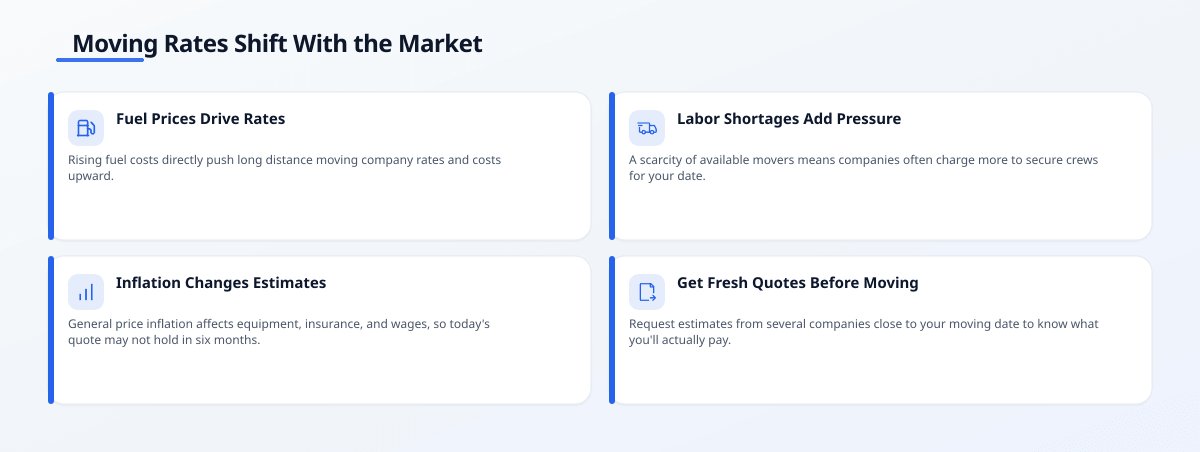 Infographic titled Moving Rates Shift With the Market showing four insight cards: Fuel Prices Drive Rates, Labor Shortages…