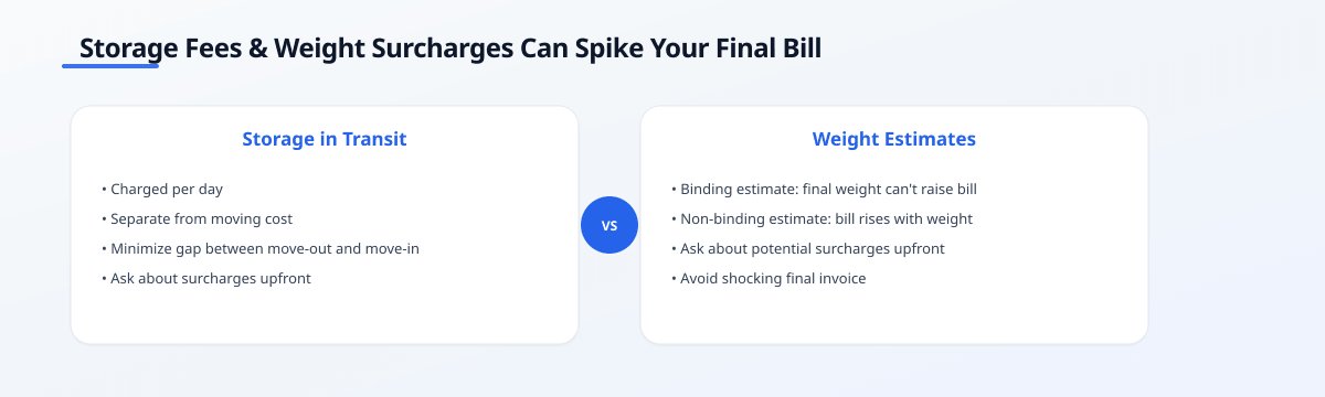 Comparison infographic titled 'Storage Fees & Weight Surcharges Can Spike Your Final Bill' showing storage in transit costs…