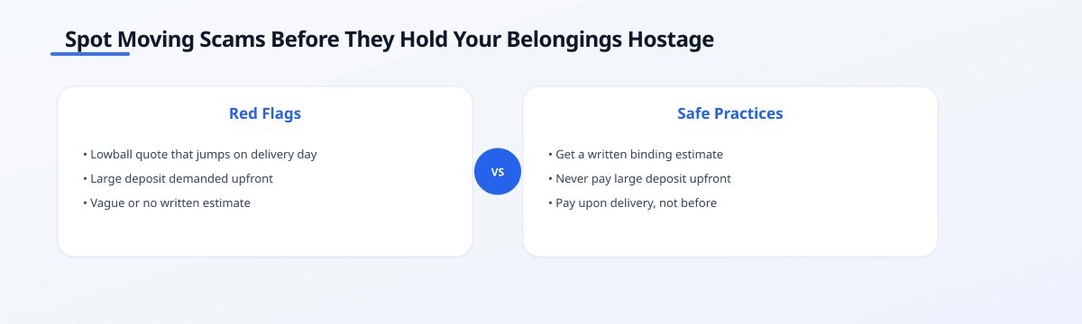 Comparison infographic titled 'Spot Moving Scams Before They Hold Your Belongings Hostage' showing red flags like lowball…