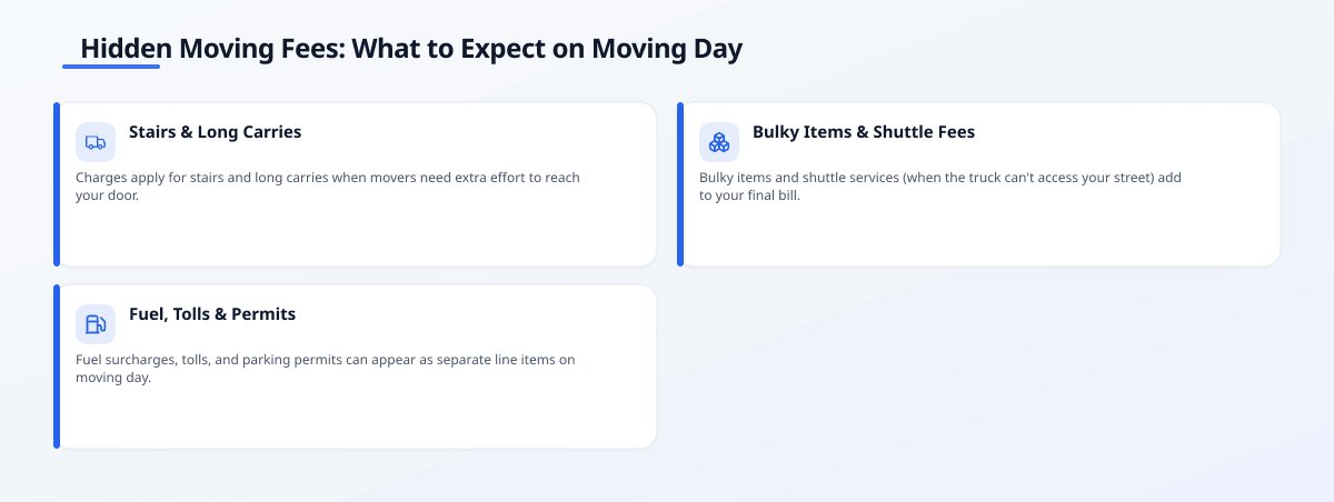Infographic titled Hidden Moving Fees: What to Expect on Moving Day, showing three insight cards for Stairs & Long Carries,…