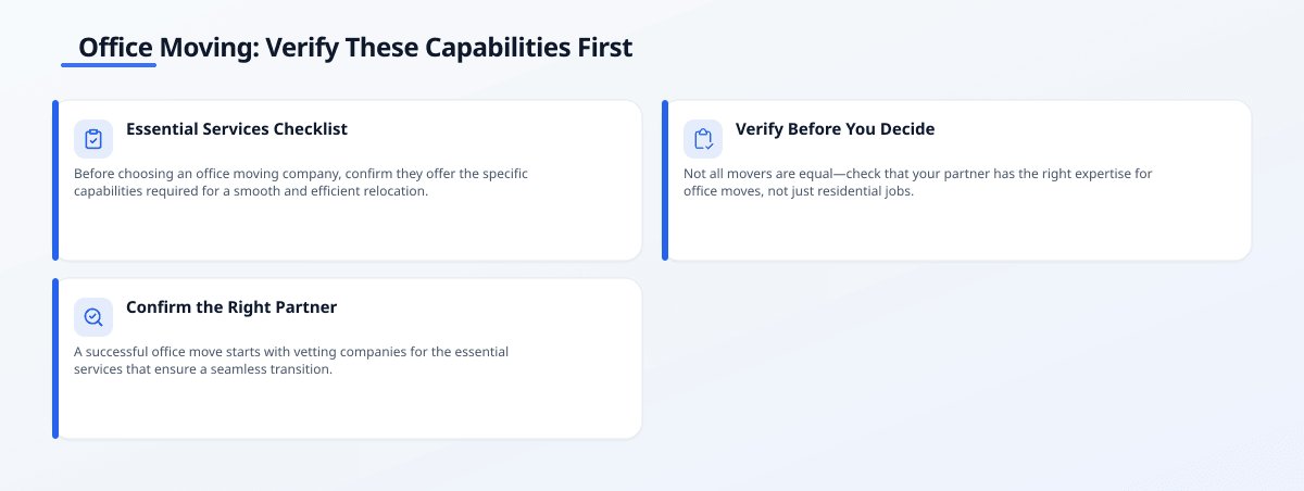 Infographic titled 'Office Moving: Verify These Capabilities First' with three insight cards: Essential Services Checklist,…
