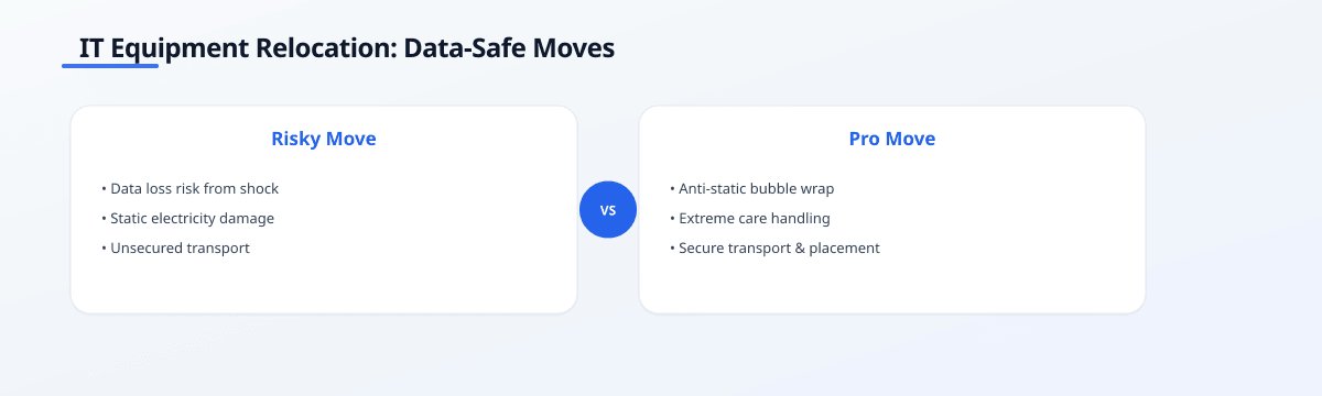 Infographic comparing risky versus professional IT equipment moves, highlighting data loss risks and safe handling benefits…