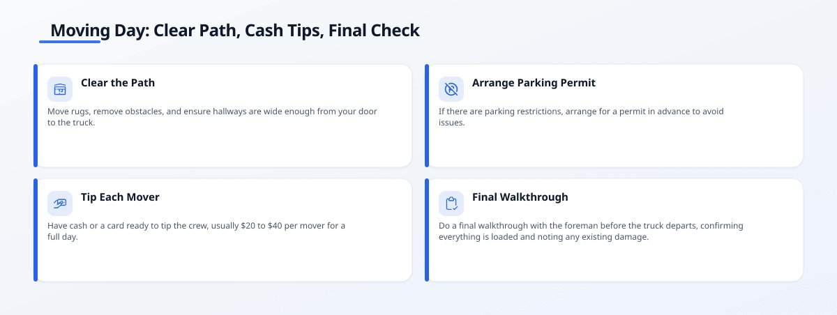 Infographic titled 'Moving Day: Clear Path, Cash Tips, Final Check' with four cards: clear the path, arrange parking…