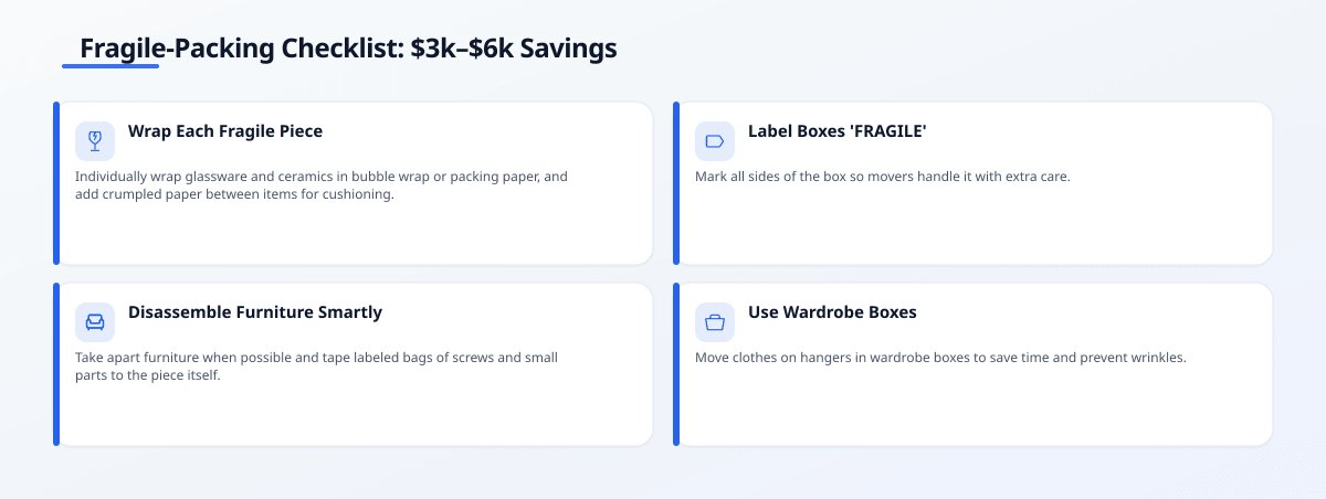 Infographic titled 'Fragile-Packing Checklist: $3k–$6k Savings' with four cards: wrap each fragile piece, label boxes…