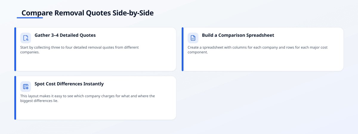 Infographic titled Compare Removal Quotes Side-by-Side with three steps: Gather 3-4 Detailed Quotes, Build a Comparison…