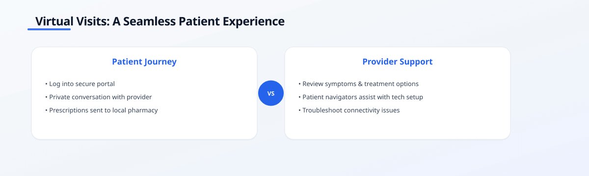 Infographic comparing patient journey and provider support in telehealth, showing steps like secure login, check-in,…