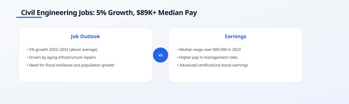 Comparison graphic showing civil engineering job outlook at 5% growth from 2022 to 2032 versus median pay above $89,000,…