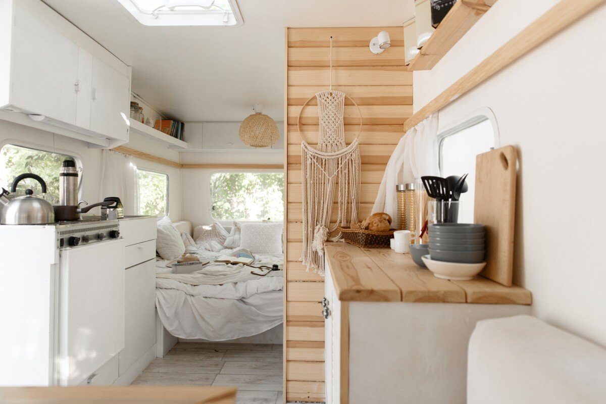 Camping in trailer, rv kitchen and bedroom, nobody