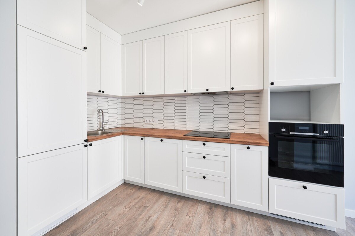 Modern kitchen interior in apartment after renovation.
