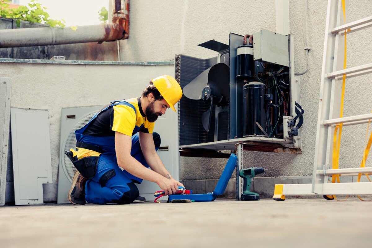 Repairman starting hvac unit maintenance