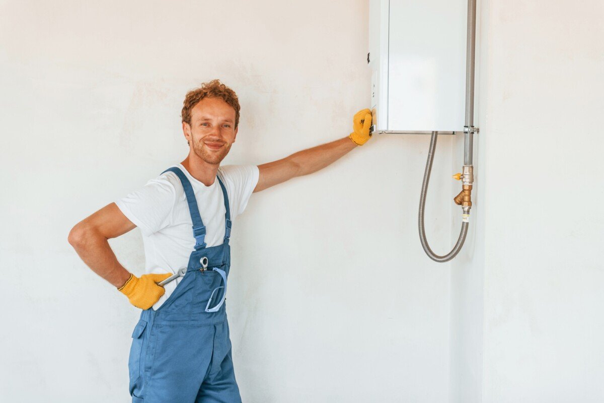 Repairing water heater. Young man working in uniform at construction at daytime