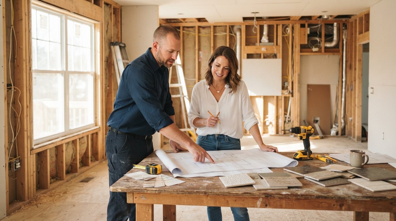 Contractor and homeowner reviewing blueprints at a wooden table amid kitchen renovation materials and exposed wall studs