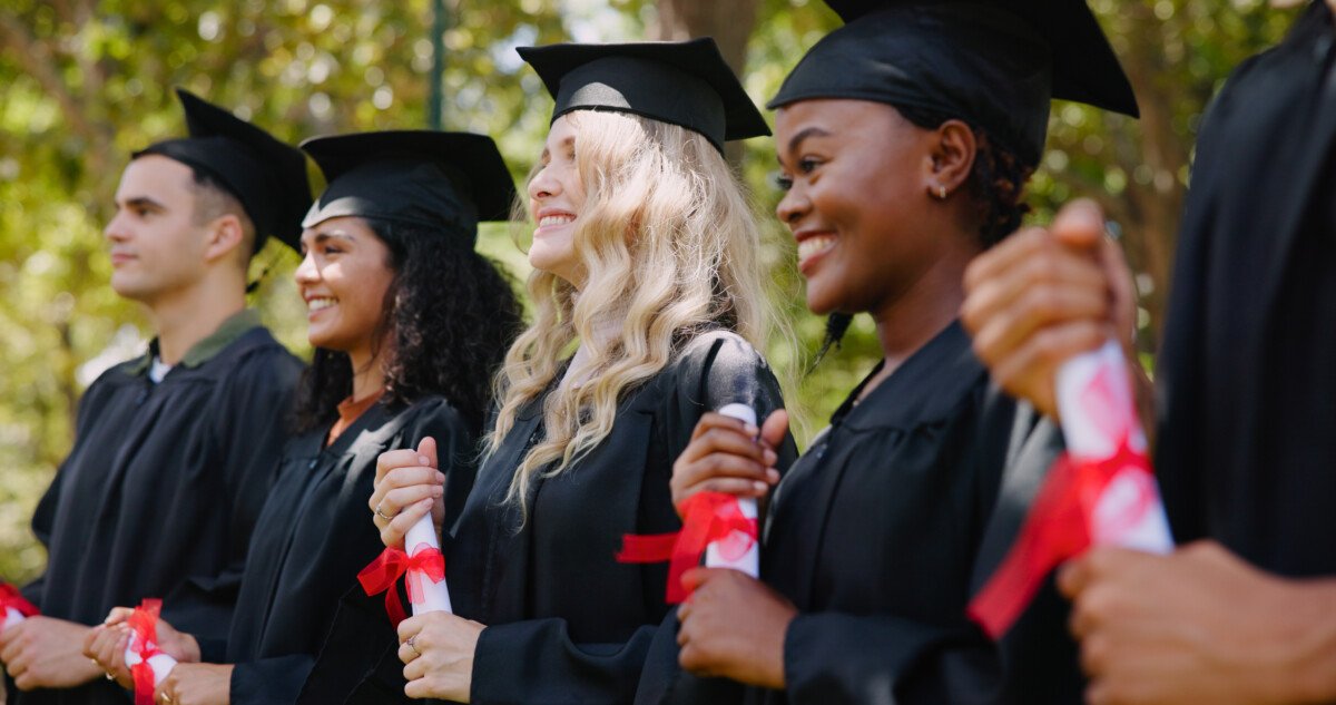 Graduation, students and education with achievement, success and diversity in university or college.