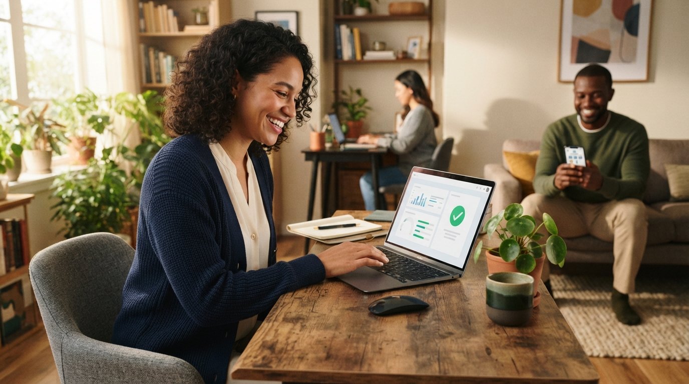 Smiling woman in business casual attire viewing a loan approval dashboard on a laptop while another person uses a…