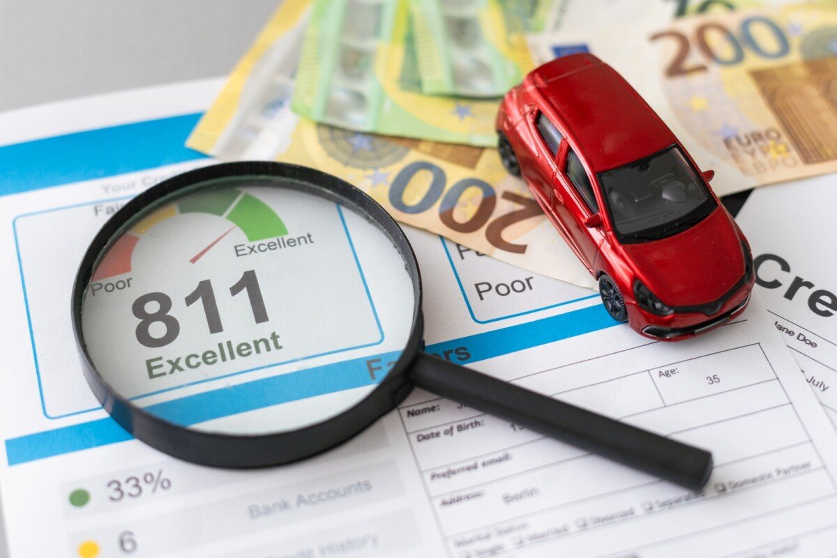 Personal loan application form excellent credit score with calculator, dollar money, and pen