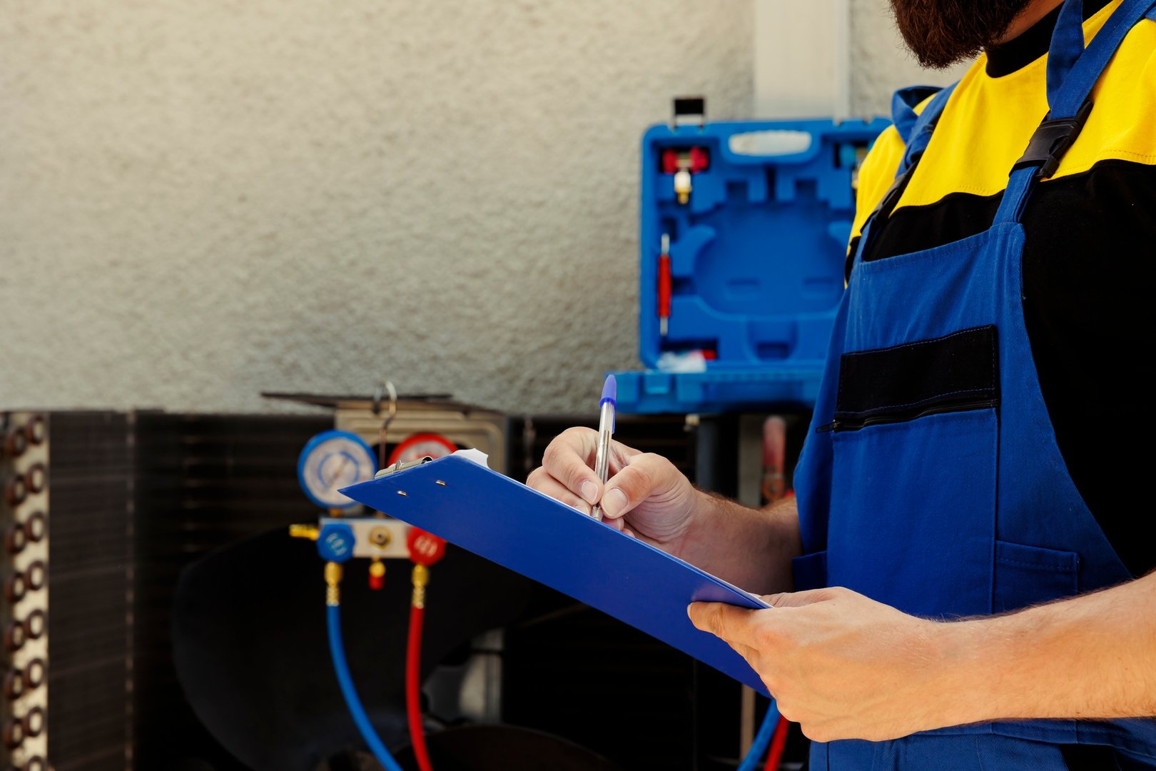 Hvac worker fills out warranty contract
