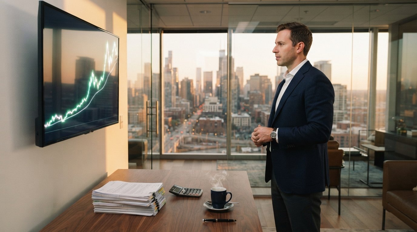 Financial analyst in navy suit studies a rising line graph on a wall monitor in a glass-walled office with a city skyline…