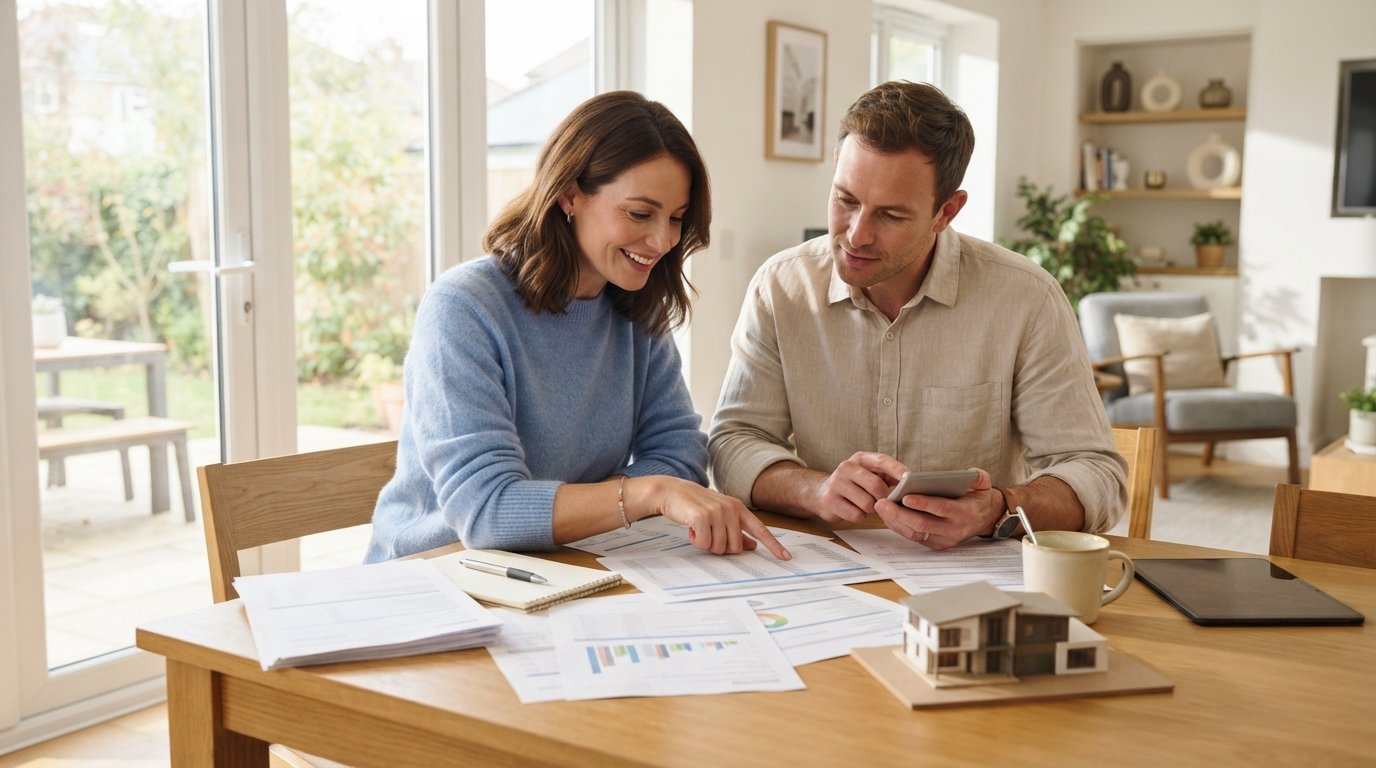 Couple at a dining table reviewing two stacks of mortgage paperwork beside a comparison chart, calculator, and small model…