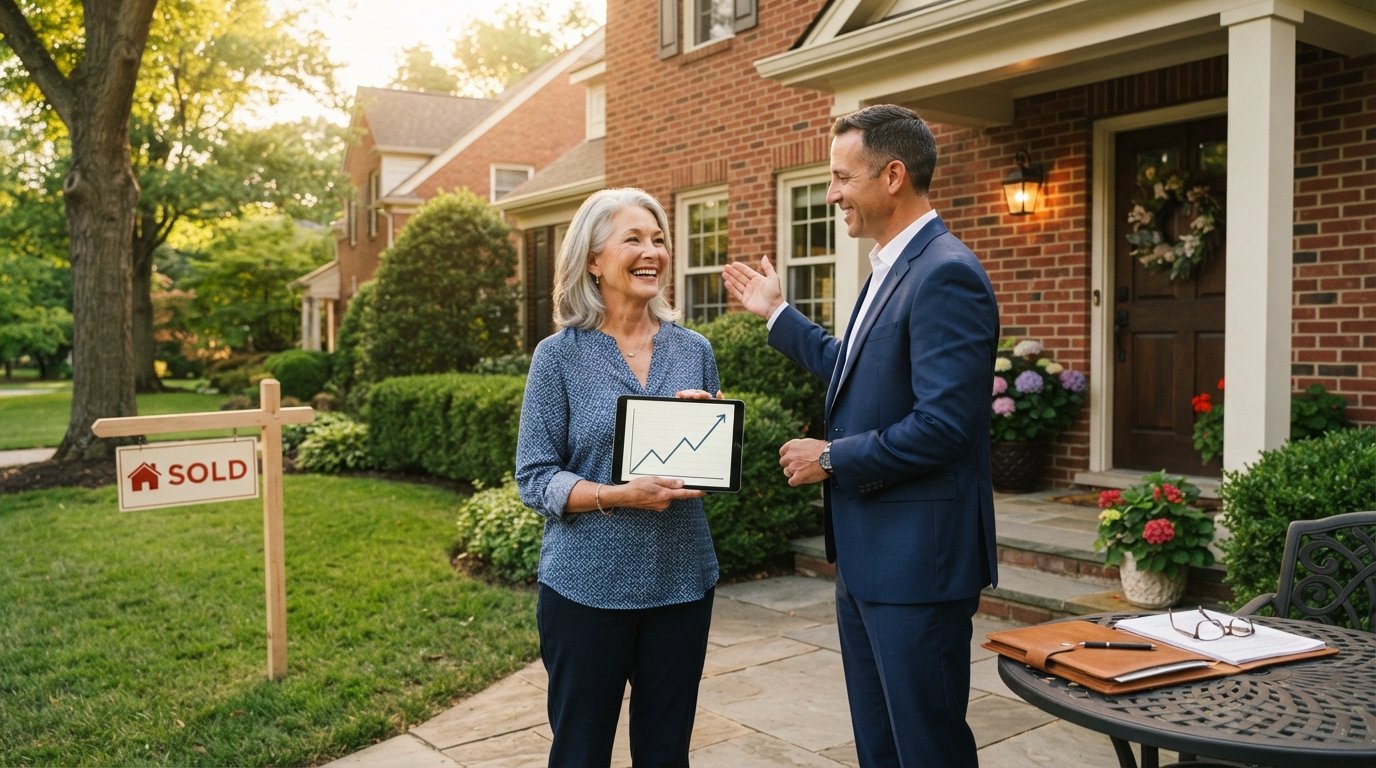 Silver-haired woman on a front porch holds a tablet showing a rising graph as a financial advisor gestures toward her brick…