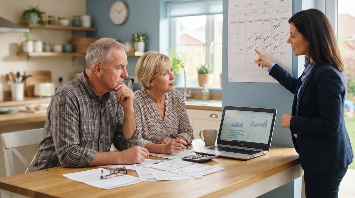 Mature couple and a licensed agent review Medicare Part B documents on a laptop at a sunlit kitchen table