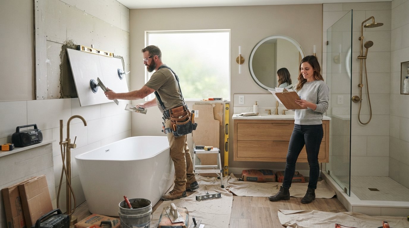 Contractor in a tool belt installing large-format porcelain wall tile in a bright bathroom as a homeowner reviews plans on…