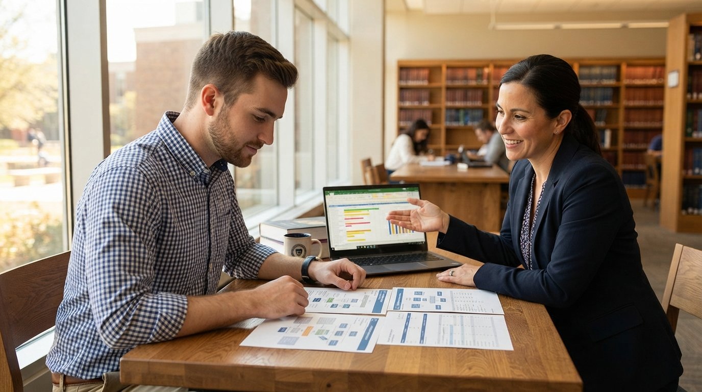 Student comparing an associate degree credit summary with a bachelor's degree pathway chart beside an advisor pointing at a…
