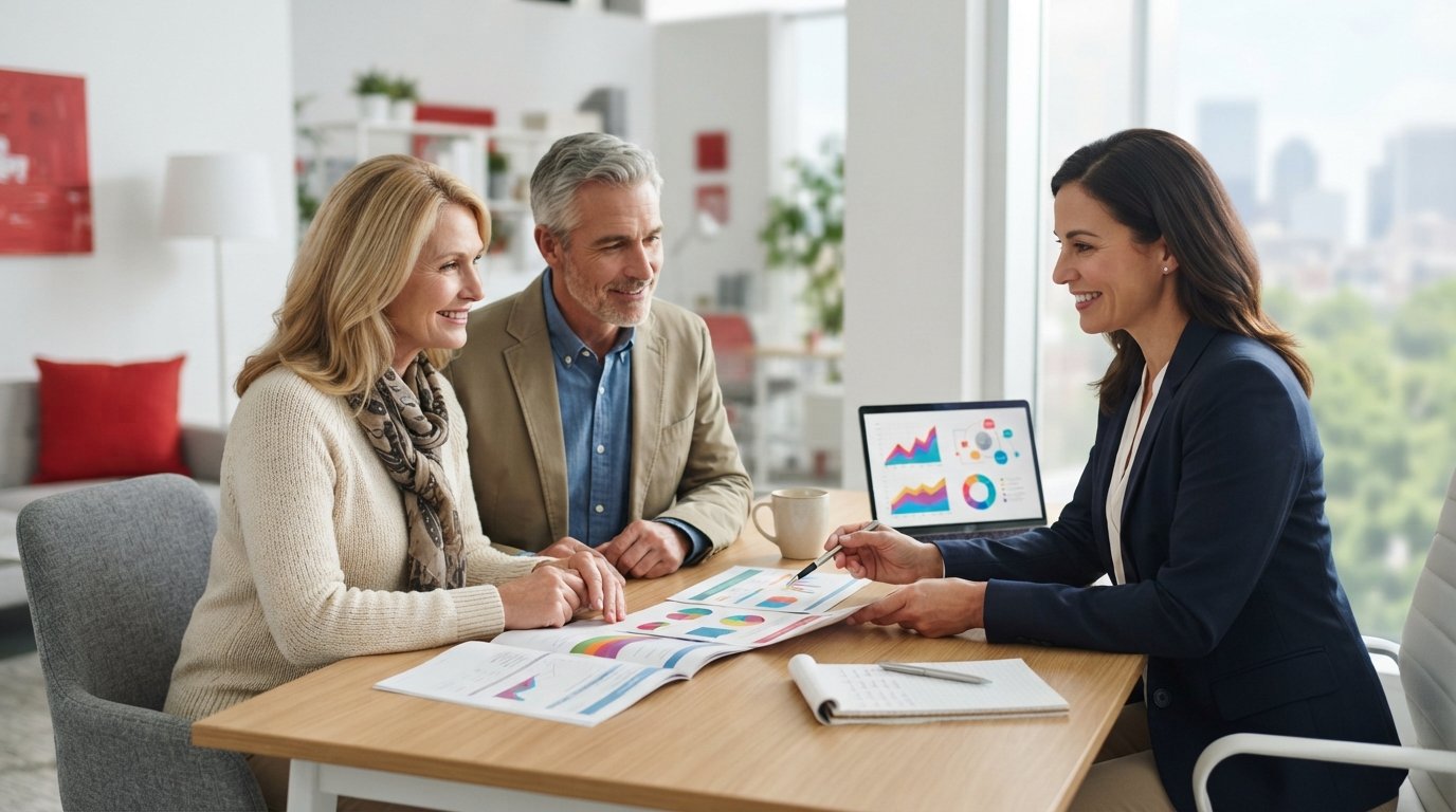 Insurance agent at a desk with a couple in their 50s, reviewing printed comparison charts and a laptop with coverage graphs