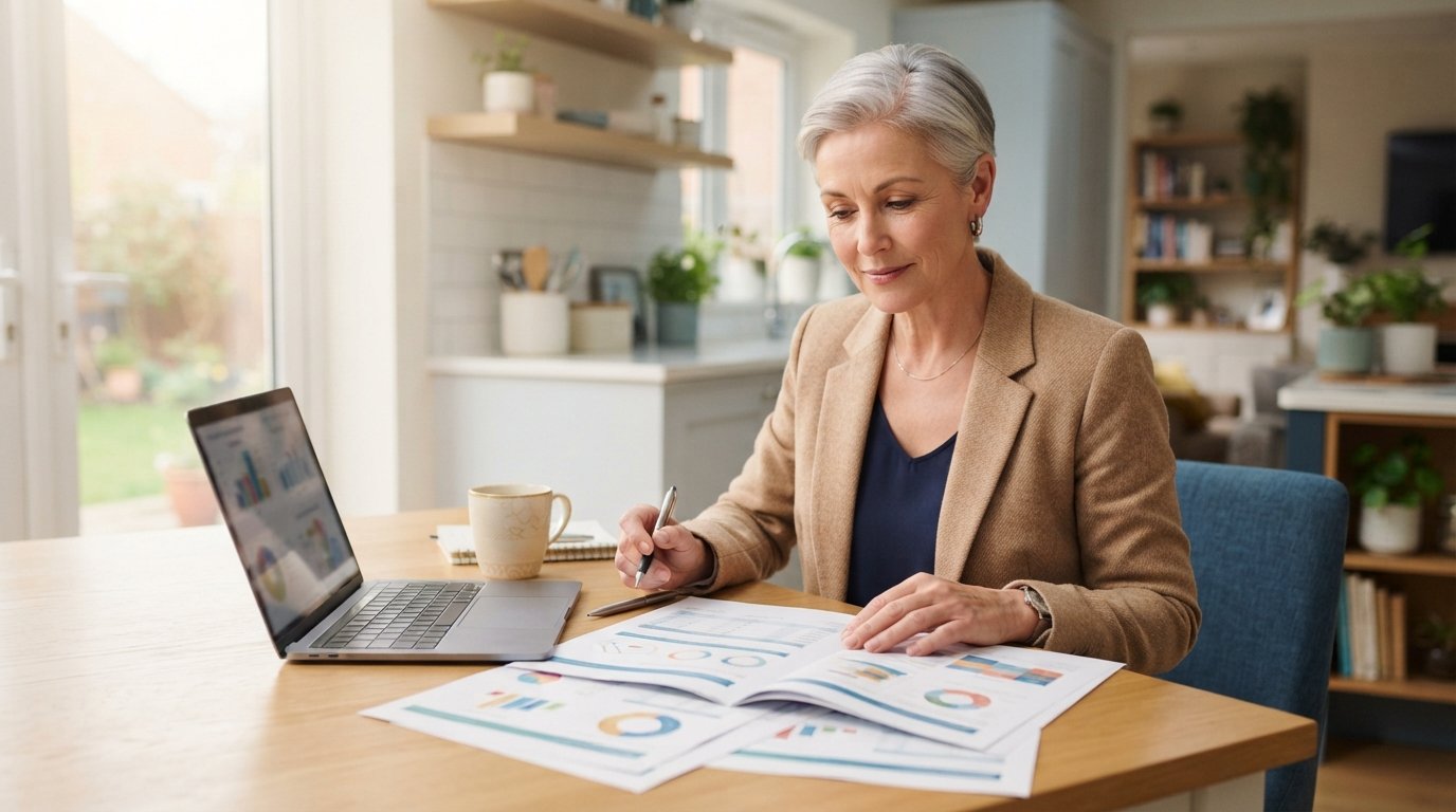 Silver-haired woman in a neutral blazer reviewing insurance paperwork beside a laptop at a bright kitchen table