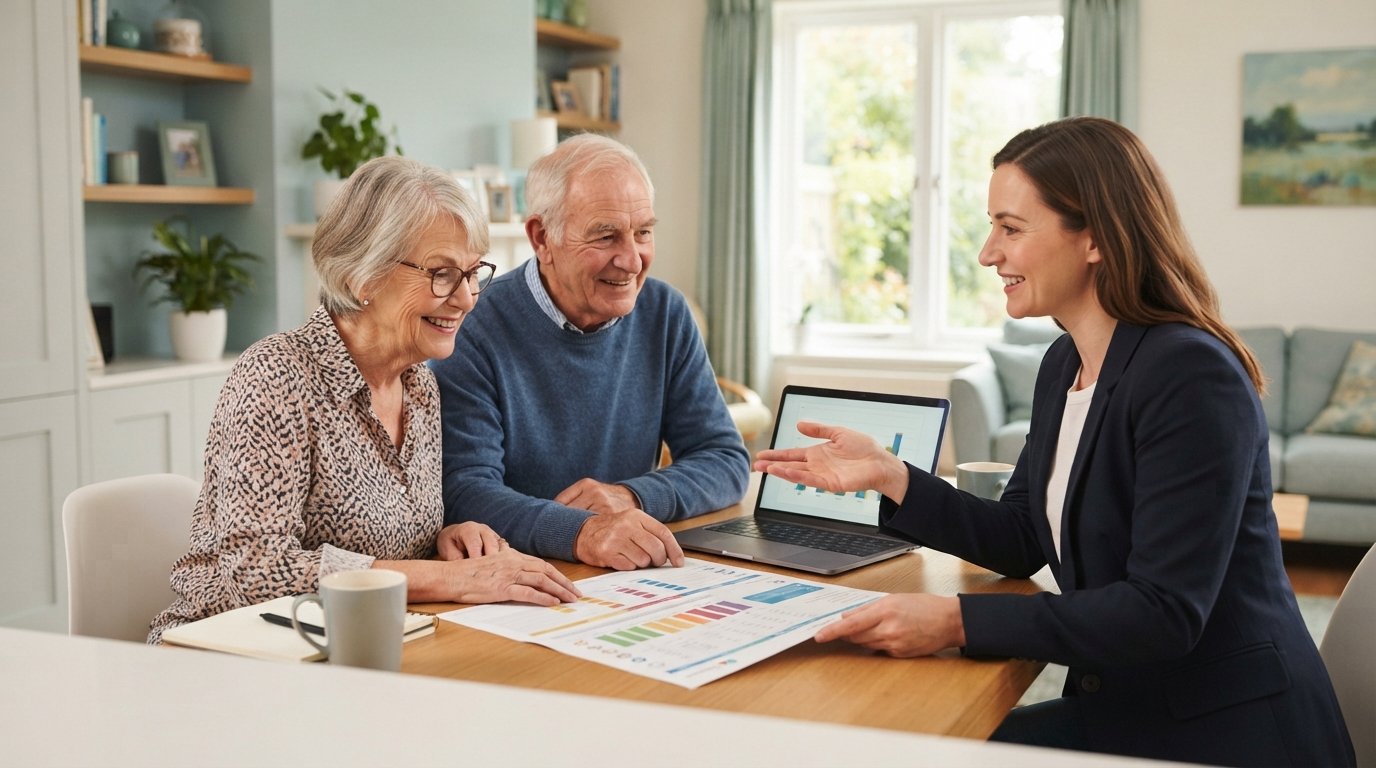 Smiling senior couple and insurance advisor reviewing a printed Medicare comparison chart on a laptop at a bright kitchen…