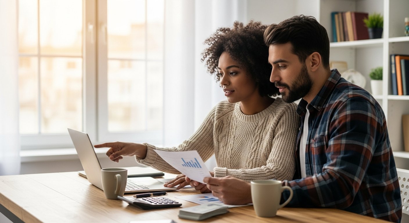 Couple in a sunlit home office comparing ACA plan costs on a laptop and paper charts